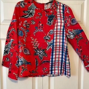 ZARA Floral and Plaid Red Blouse NWOT